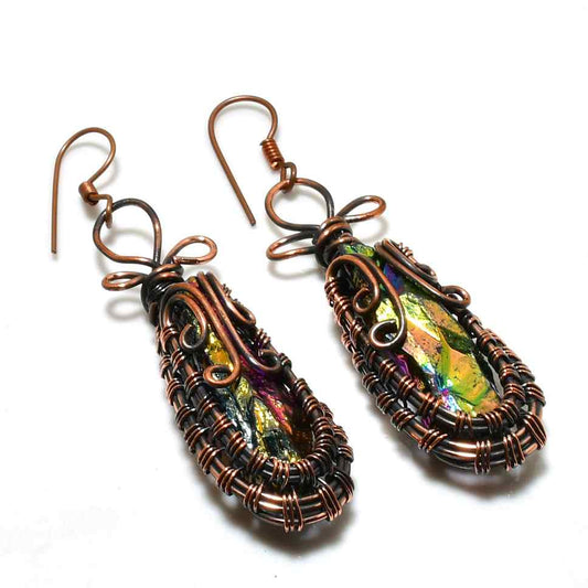 Aurora’s Embrace – Copper Wire Glass Earrings