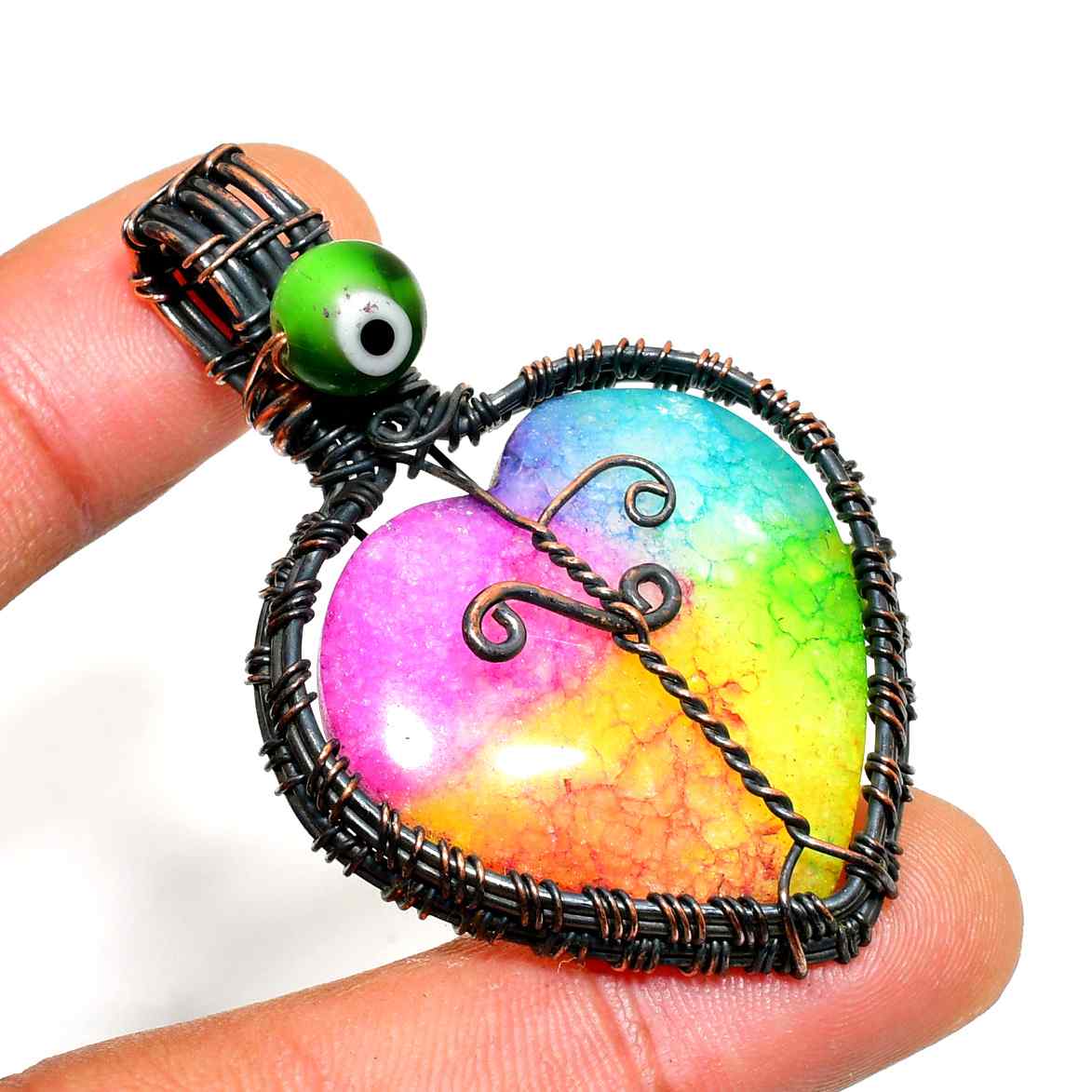 Spectrum Heart – Rainbow Quartz & Black Wire Pendant