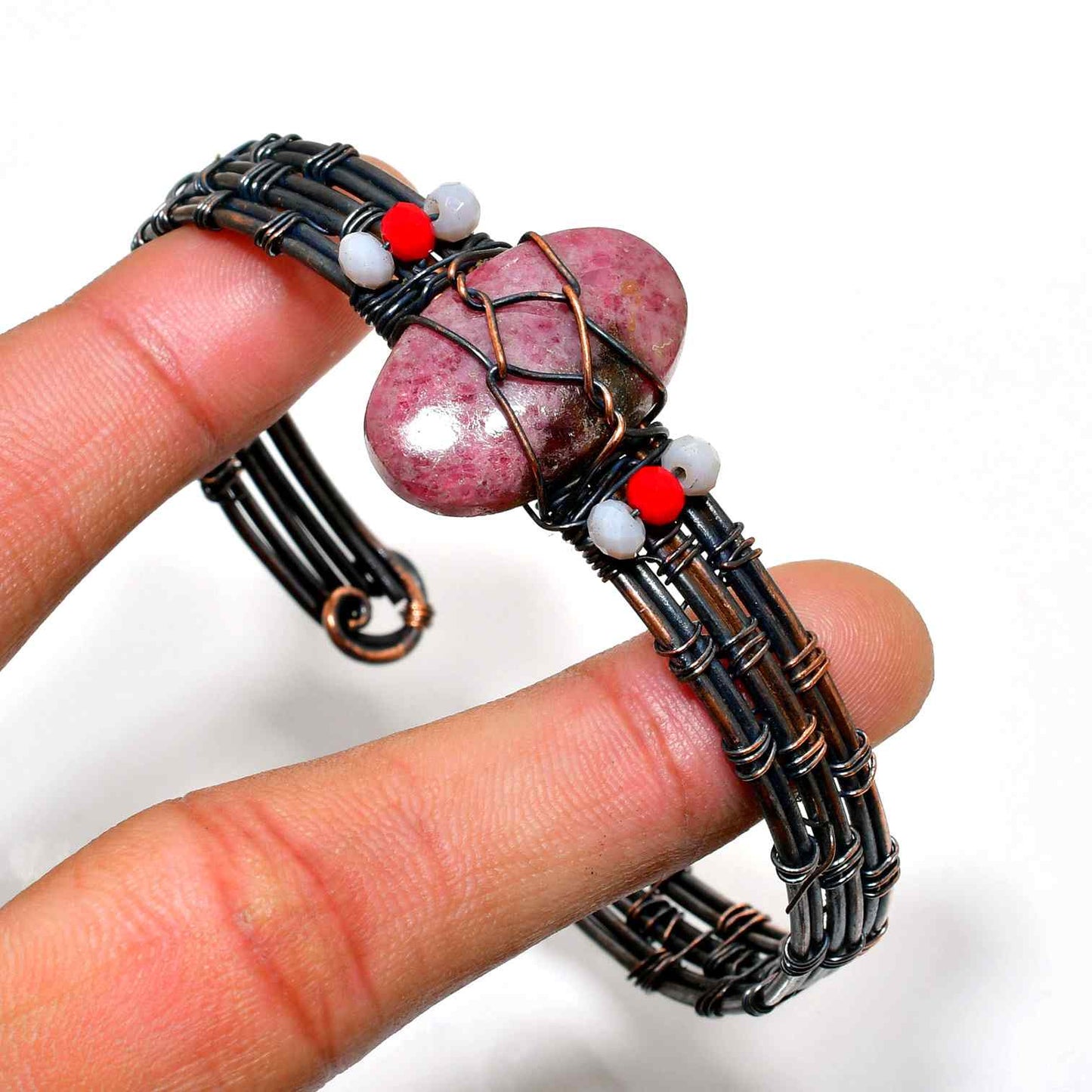 Heart’s Harmony – Rhodonite & Blackened Copper Wrap Bracelet
