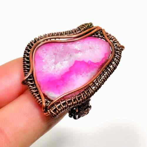 Radiant Pink Slice – Copper-Wrapped Druzy Ring