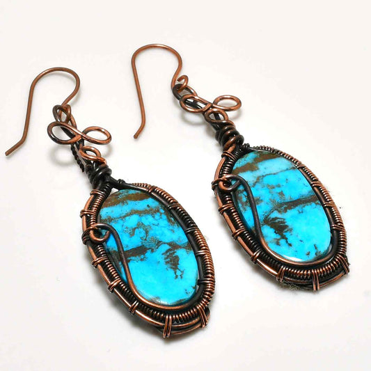 Turquoise Dreams – Handwrapped Oxidized Copper Earrings