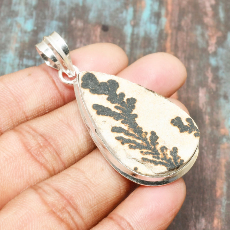 Ember’s Elegance – Dendritic Agate Sterling Silver Pendant