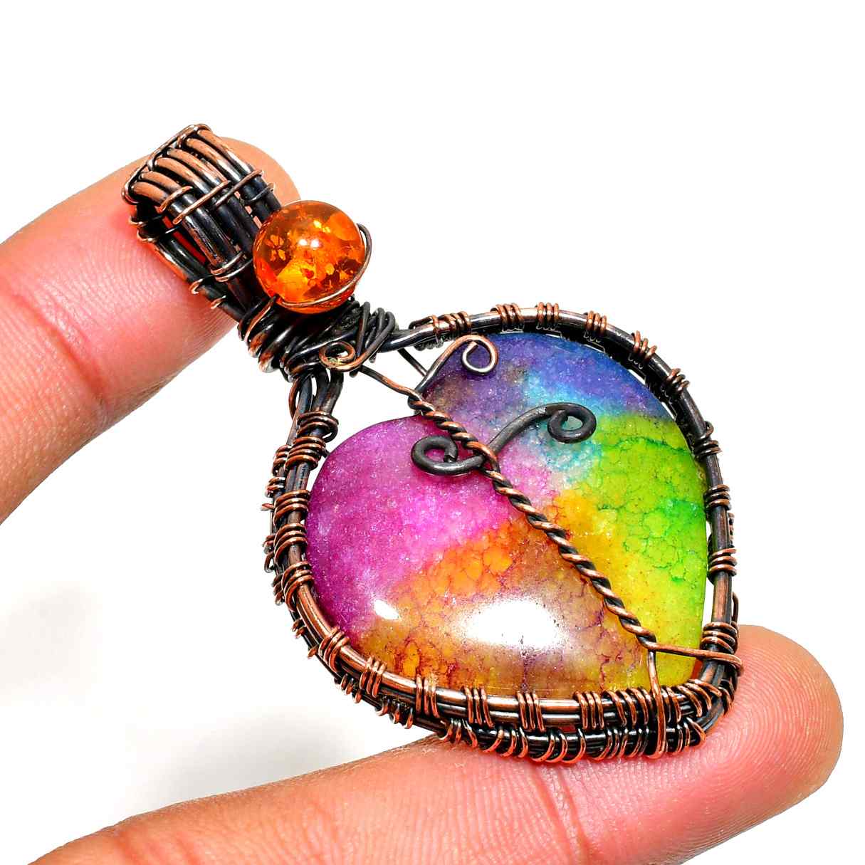 Heart’s Embrace – Rainbow Agate & Amber Copper Pendant