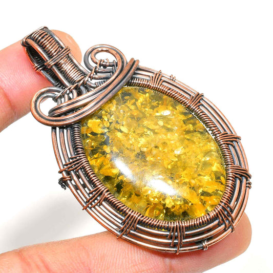 Amber Glow – Oxidized Copper-Wrapped Pendant