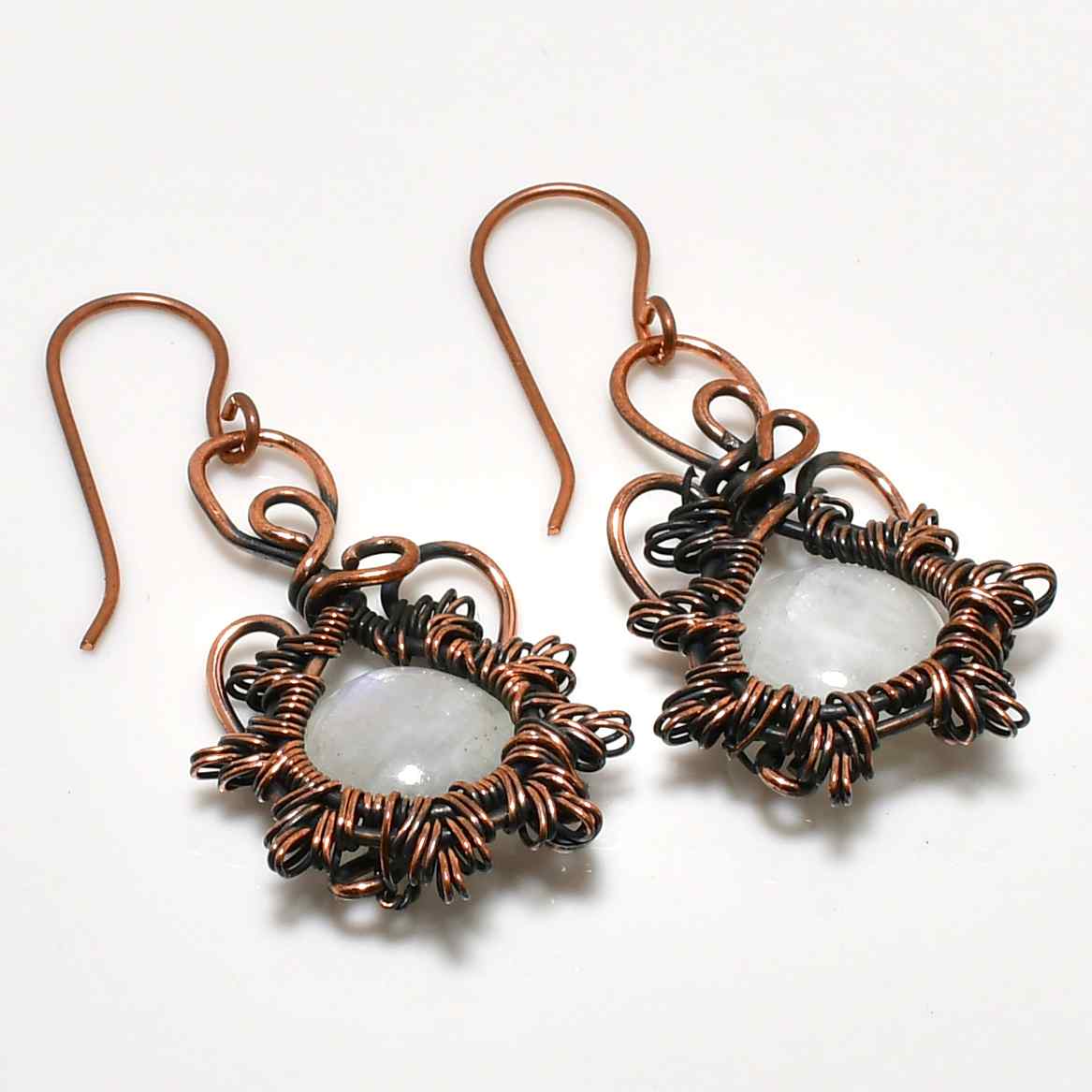 Selene’s Glow – Oxidized Copper Moonstone Earrings