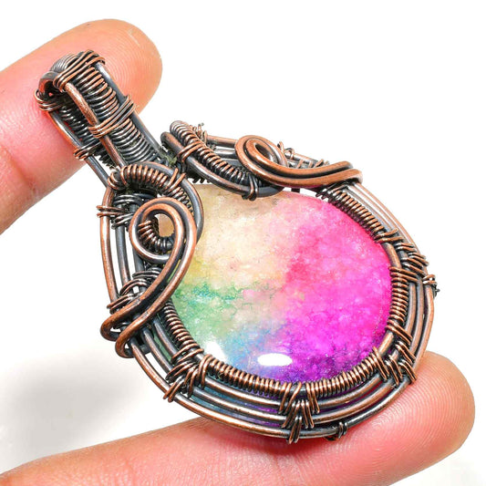 Prism’s Embrace – Rainbow Aura Quartz Copper Pendant