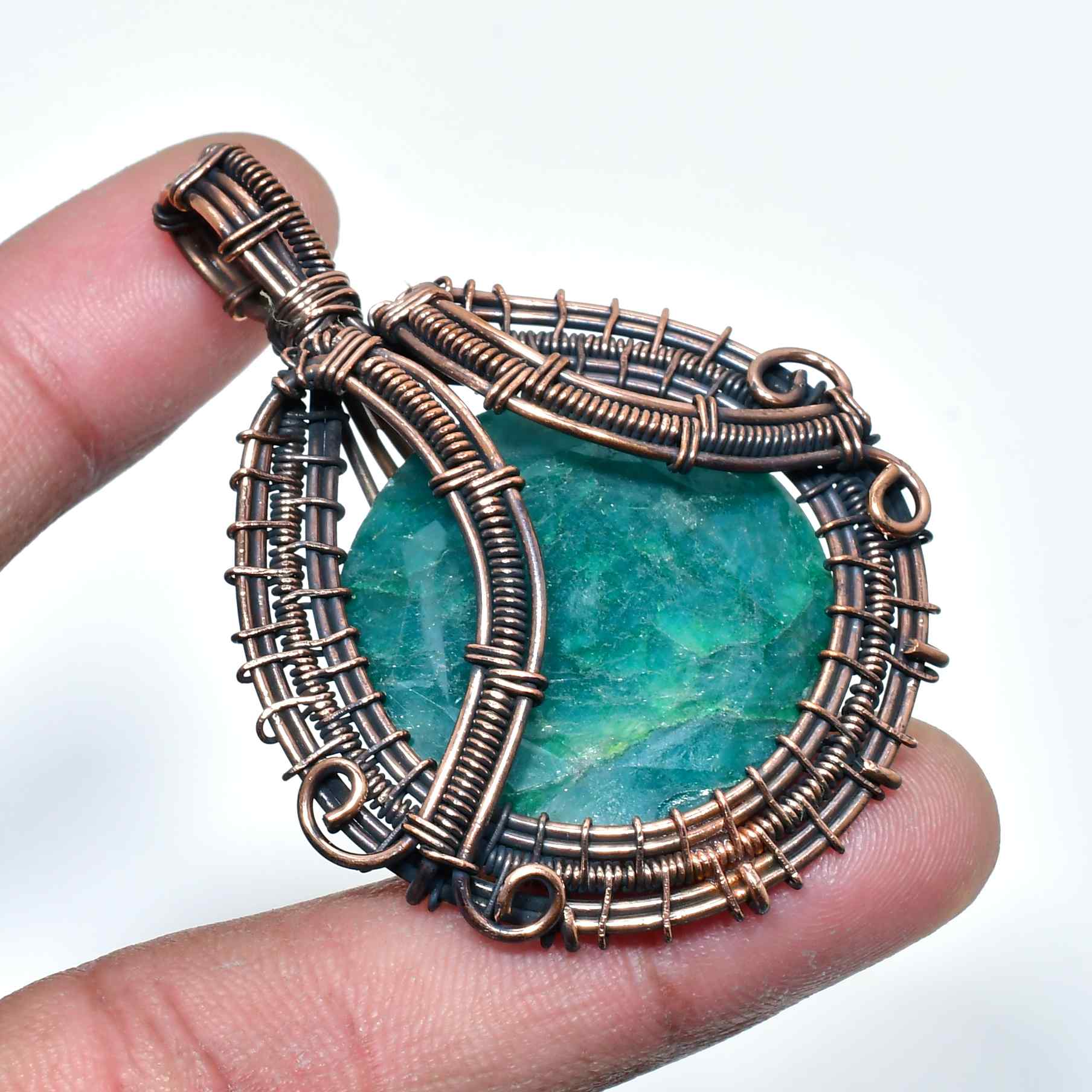 Emerald Embrace – Copper Wire Pendant