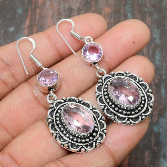 Harmony’s Embrace – Pink Gemstone Silver-Tone Earrings