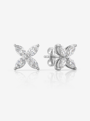 Silver Marquise Floral Earrings, Rhodium Plated