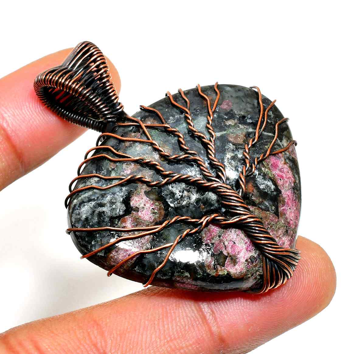 Gaia’s Embrace – Ruby Zoisite Copper Tree Pendant