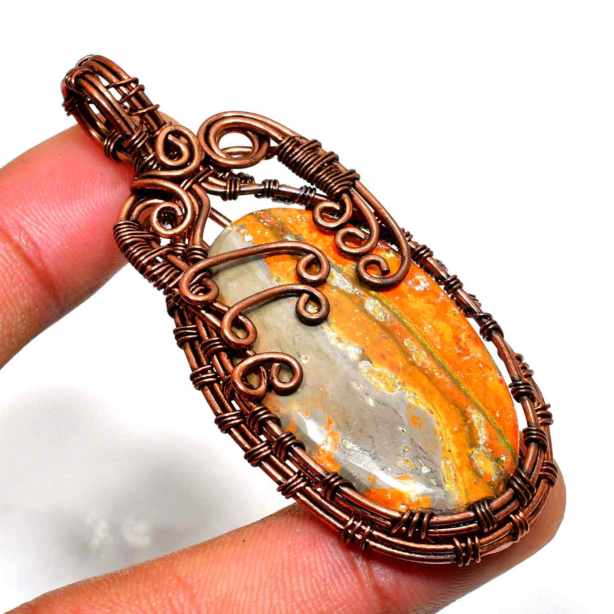 Terra’s Embrace – Orange & Gray Gemstone Copper Pendant