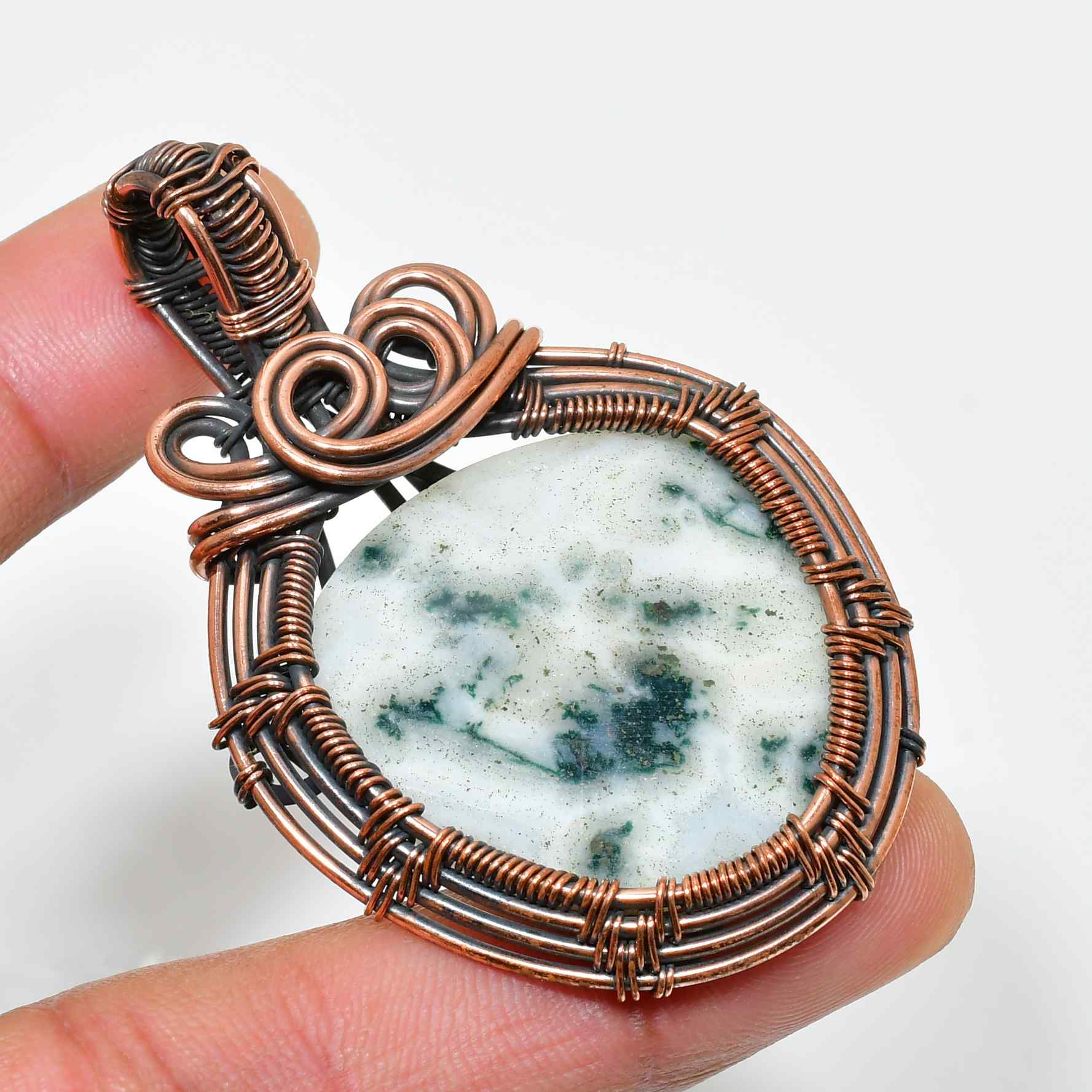 Woodland Whisper – Green Moss Agate Copper Pendant