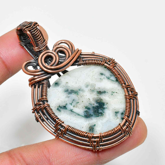 Woodland Whisper – Green Moss Agate Copper Pendant