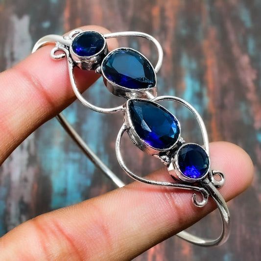 Silver Serenity – Blue Gemstone Wire-Wrapped Bracelet