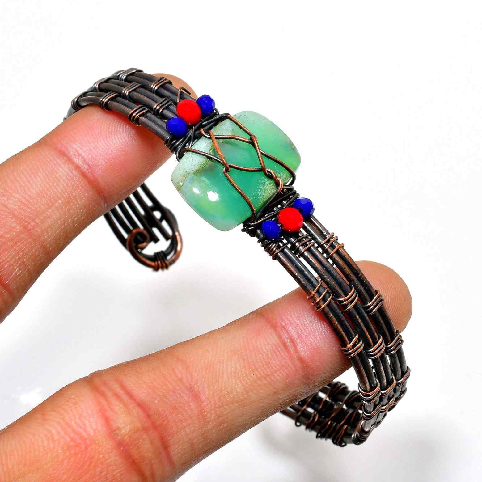 Sylvan Song – Copper-Wrapped Green Stone & Bead Bracelet