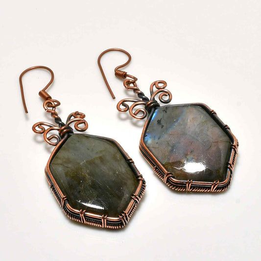 Lunar Radiance – Oxidized Copper Labradorite Earrings