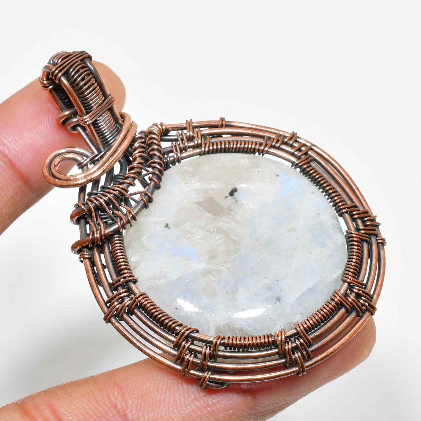 Celestial Embrace – Antique Copper Moonstone Pendant