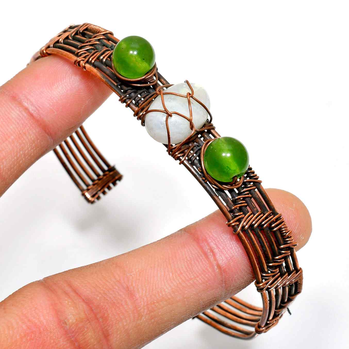 Verdant Harmony – Green Onyx & Moonstone Copper Bracelet