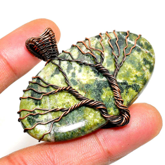 Verdant Roots – Green Stone & Copper Tree of Life Pendant