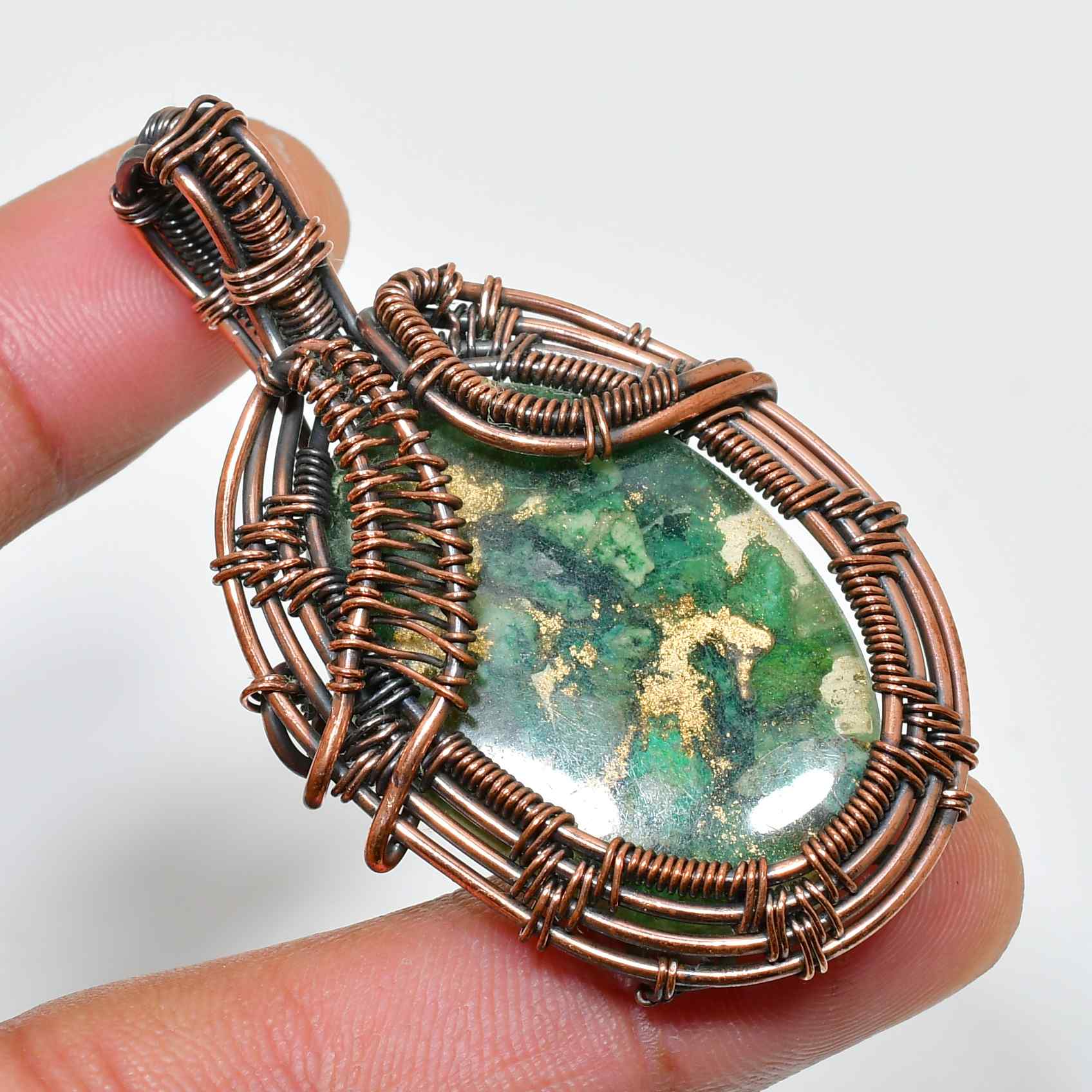 Ember’s Embrace – Green Jasper Copper Pendant