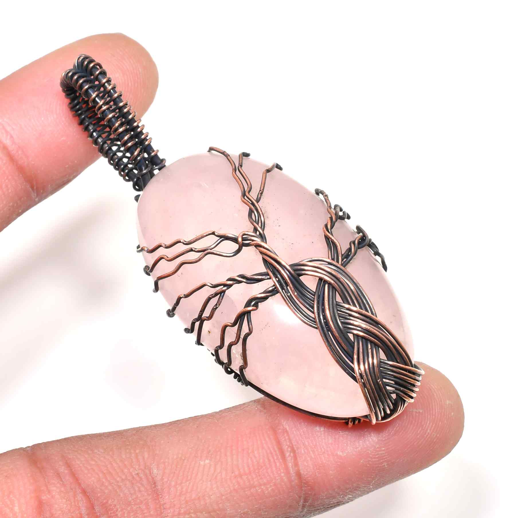 Harmony’s Grove – Rose Quartz Copper Tree Pendant