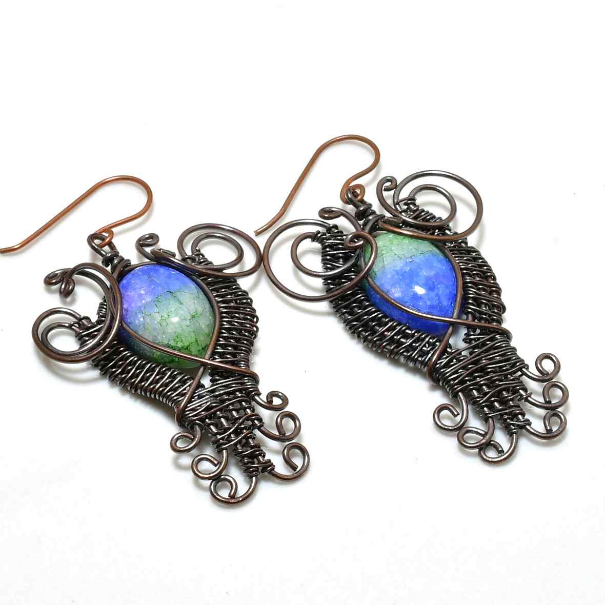 Muse’s Balance – Copper-Wrapped Blue & Green Gem Earrings