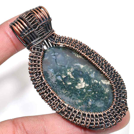 Celestial Embrace – Moss Agate Copper Pendant