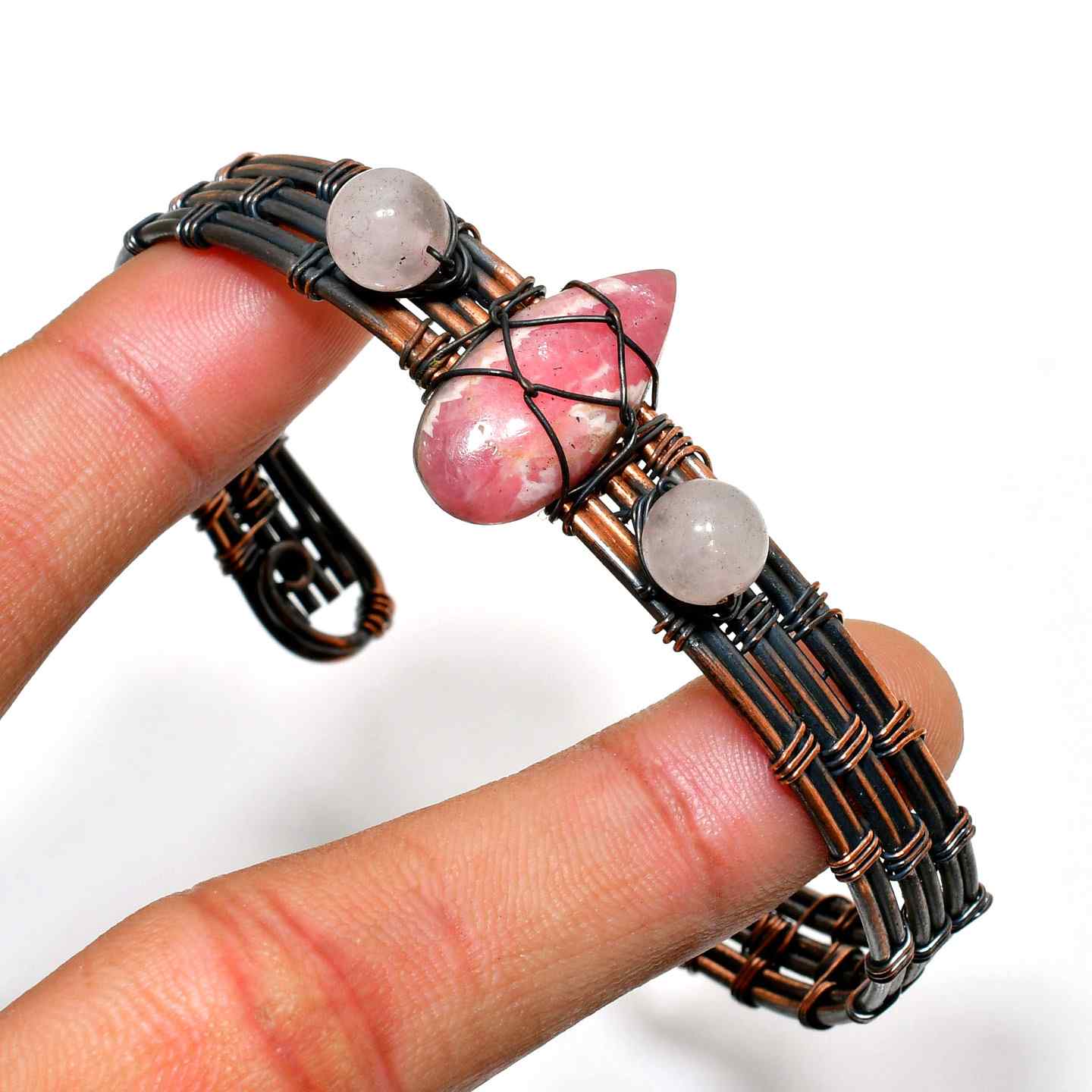 Luna’s Harmony – Rhodonite & Moonstone Copper Bracelet