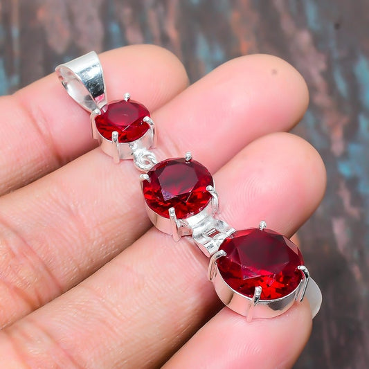 Crimson Trio – Triple Ruby Silver Pendant