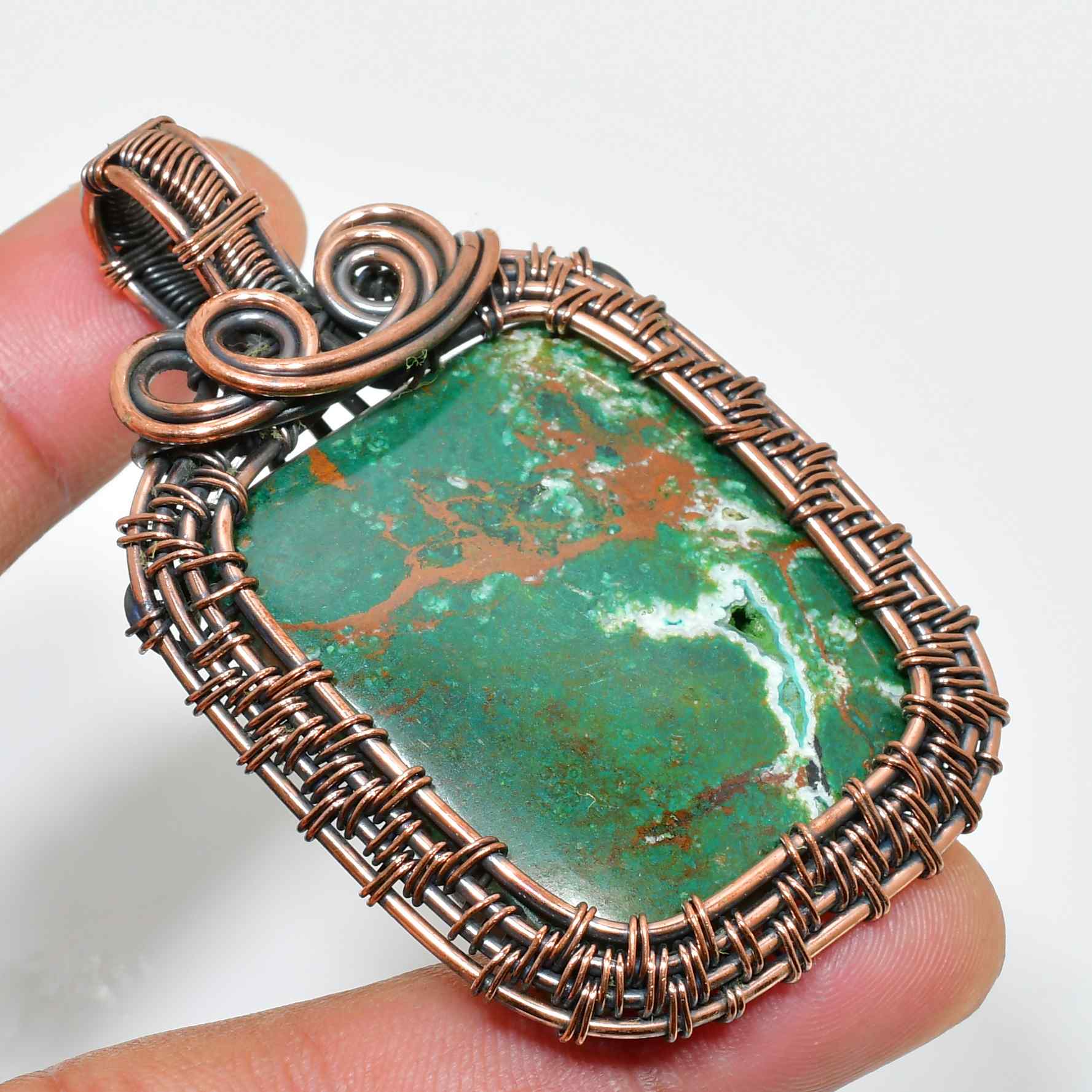 Emerald Embrace – Handwrapped Copper Pendant