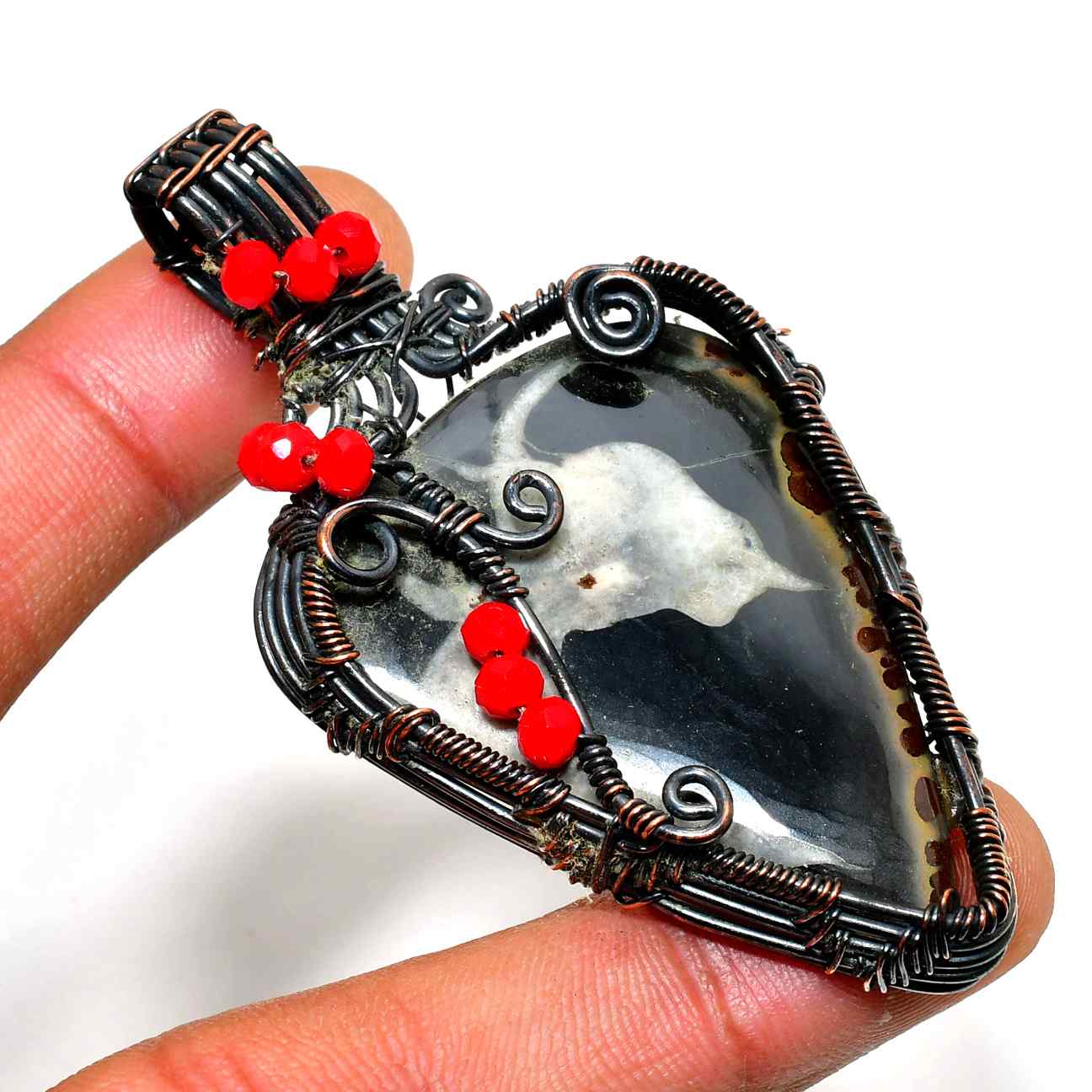 Emberheart – Copper-Wrapped Black Agate Pendant