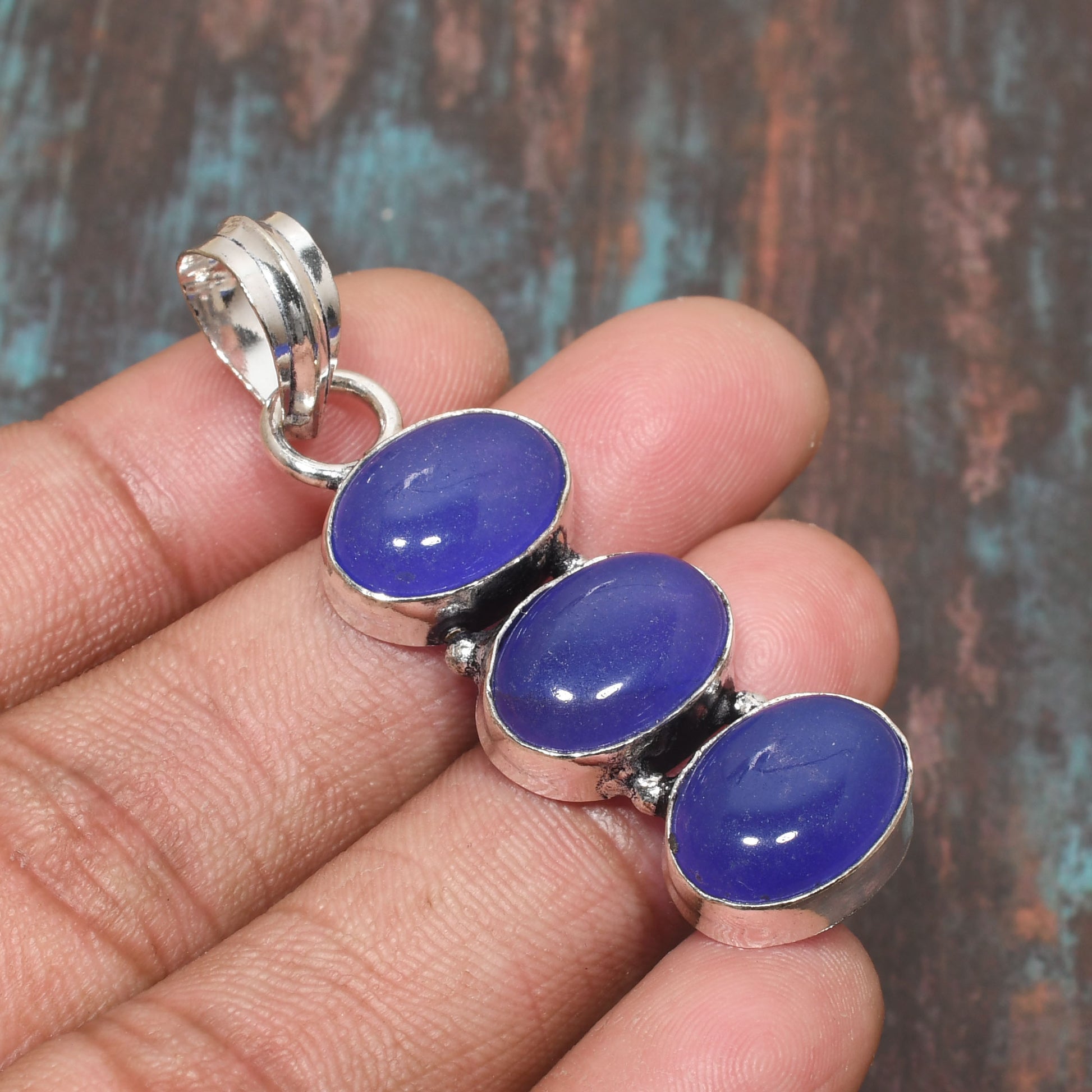 Azure Harmony – Triple Blue Gemstone Silver Pendant