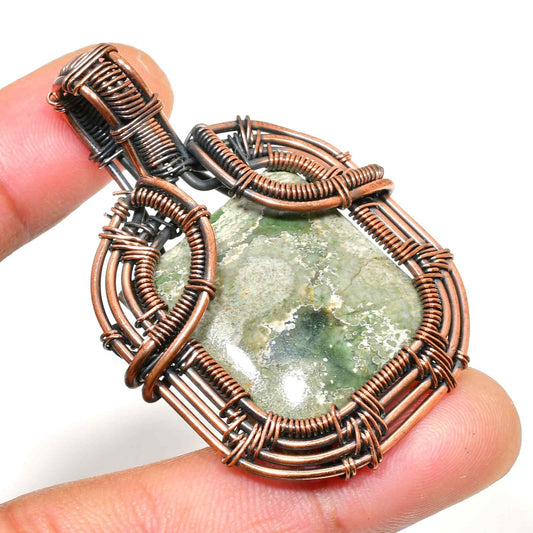 Verdant Whispers – Copper-Wrapped Green Stone Pendant