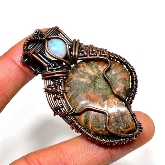 Moonlit Harmony – Moonstone & Natural Stone Copper Wrap Pendant