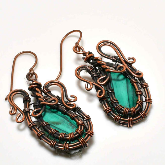 Malachite Dream – Oxidized Copper Wire Earrings