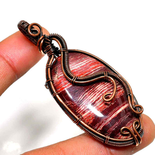 Crimson Whispers – Red Striped Stone Copper Pendant