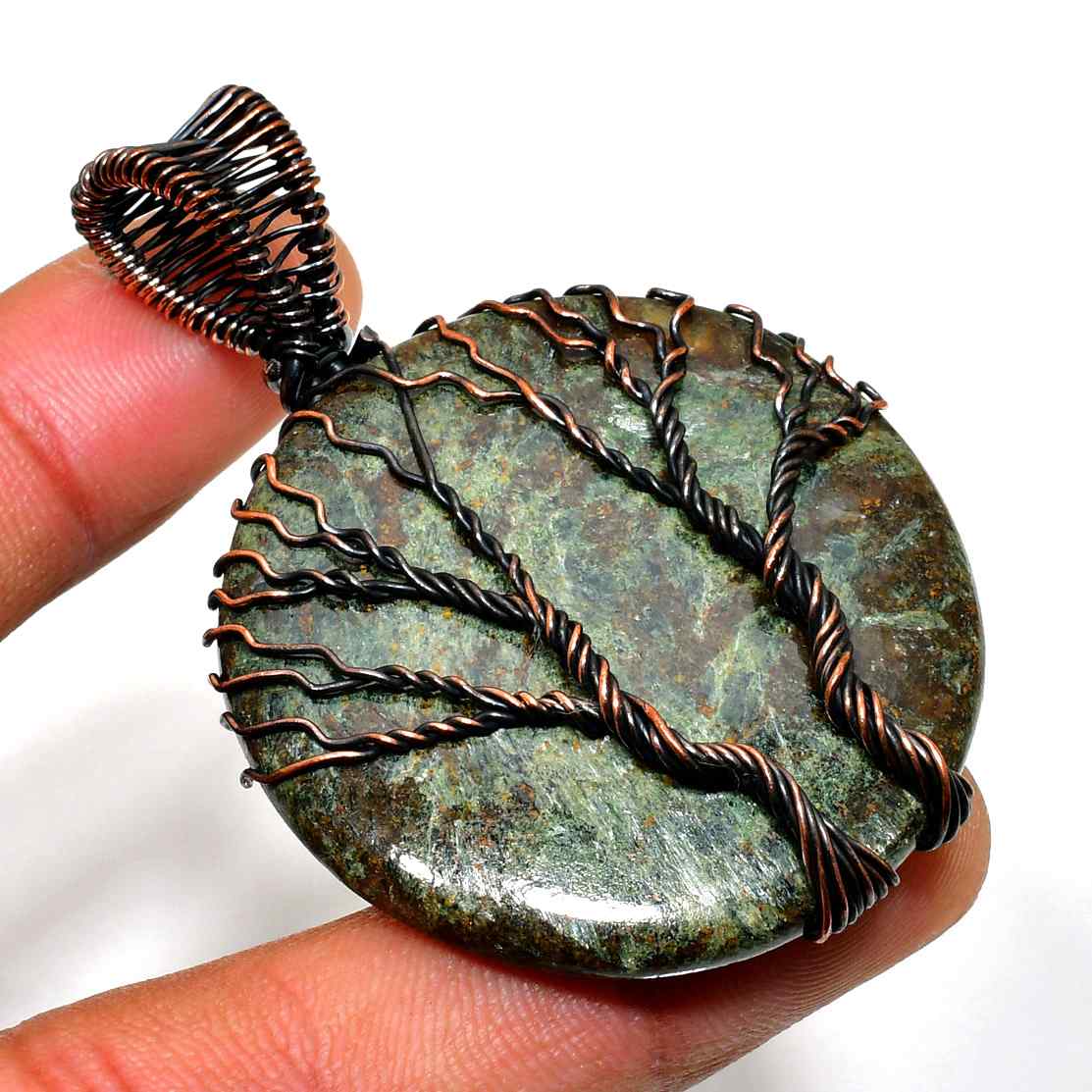 Ember’s Embrace – Moss Agate Tree of Life Copper Pendant