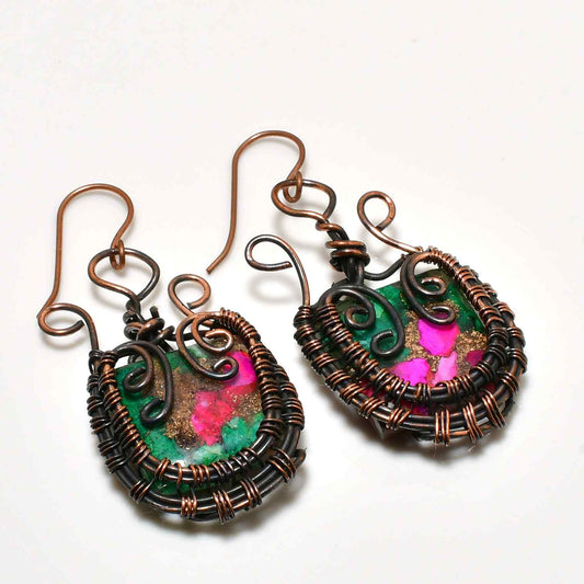 Phoenix Bloom – Fuchsia & Green Copper Earrings