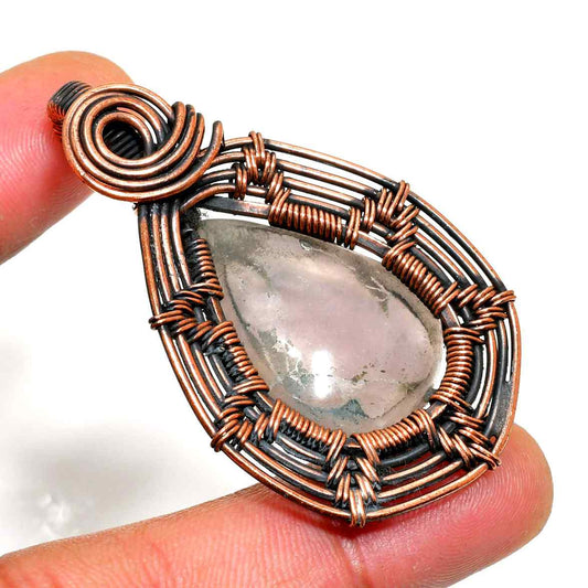 Ezra’s Veil – Oxidized Copper Wrapped Quartz Pendant
