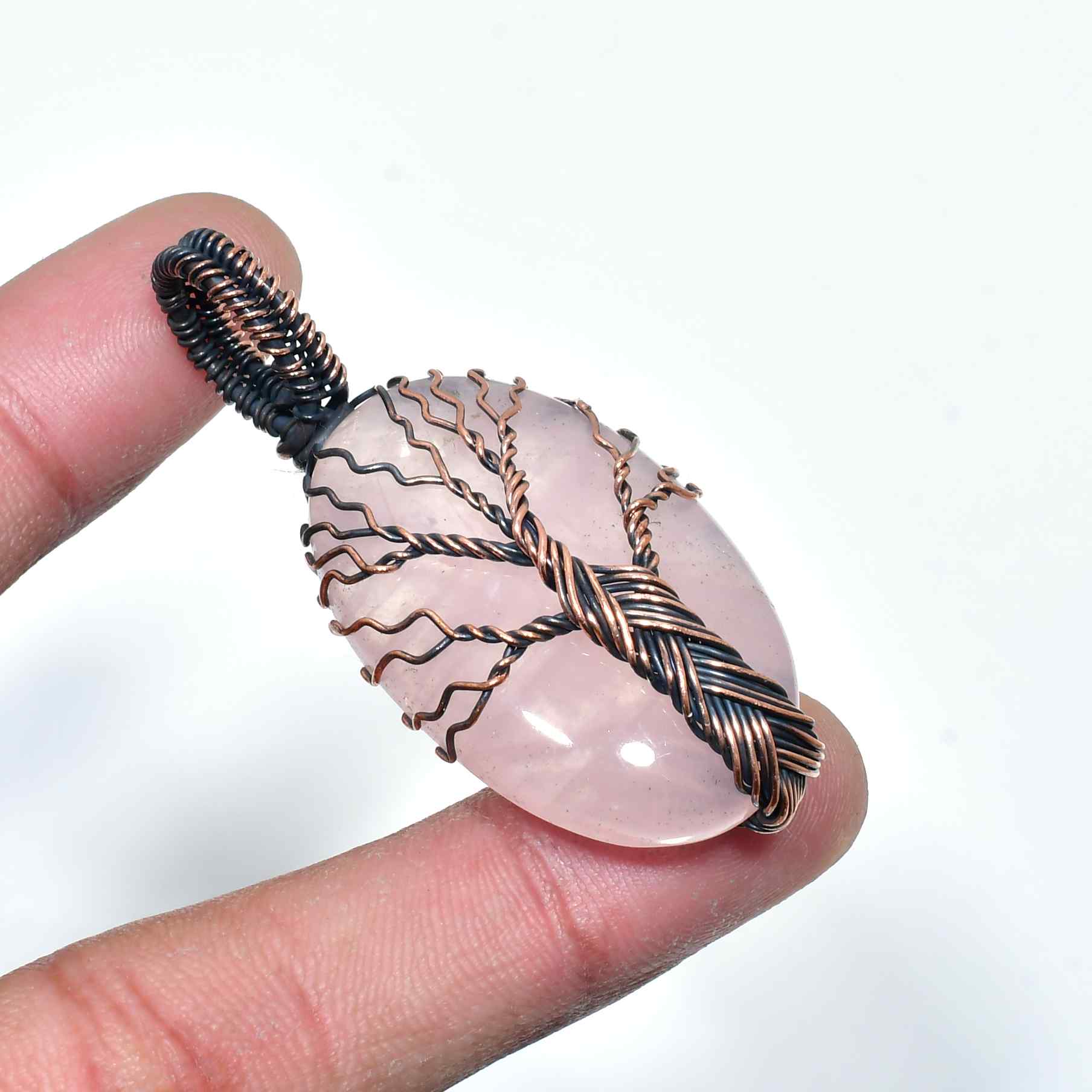 Rosewood Serenity – Rose Quartz & Copper Pendant