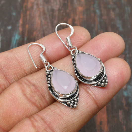 Elara’s Whisper – Teardrop Rose Quartz Earrings