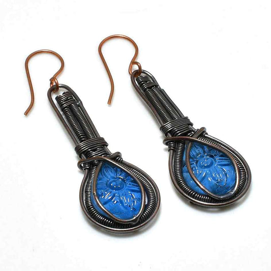Azure Bloom – Handcrafted Blue Glass & Oxidized Wire Earrings
