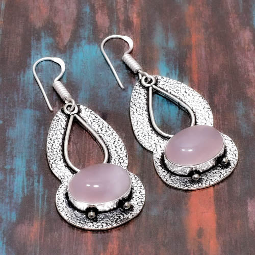 Serenity Gleam – Silver-Plated Rose Quartz Earrings