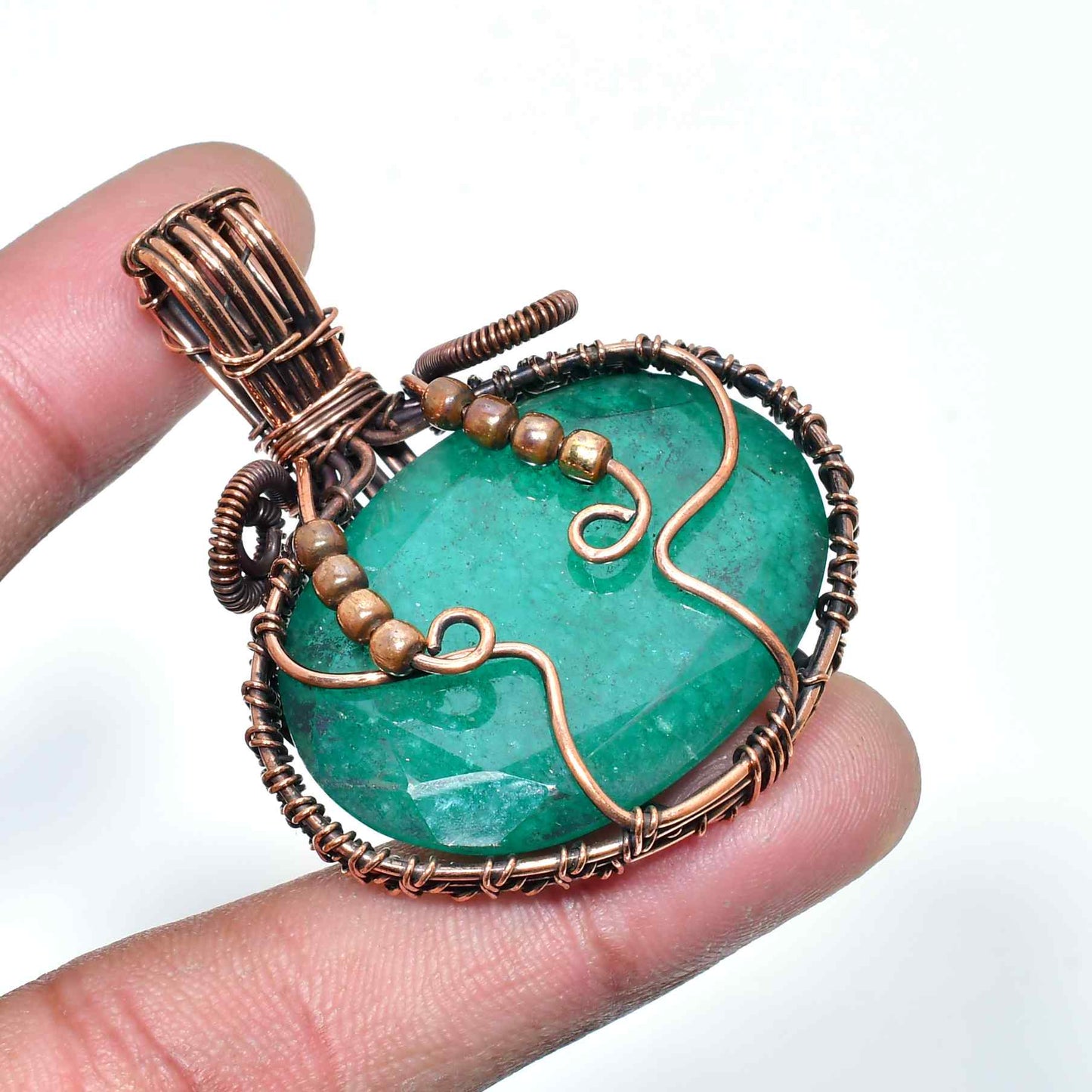 Emerald Embrace – Copper Wire Wrapped Pendant