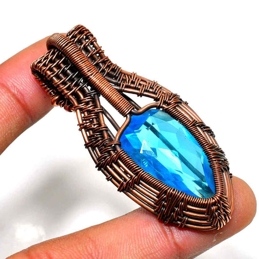 Azure Whisper – Oxidized Copper & Blue Crystal Pendant