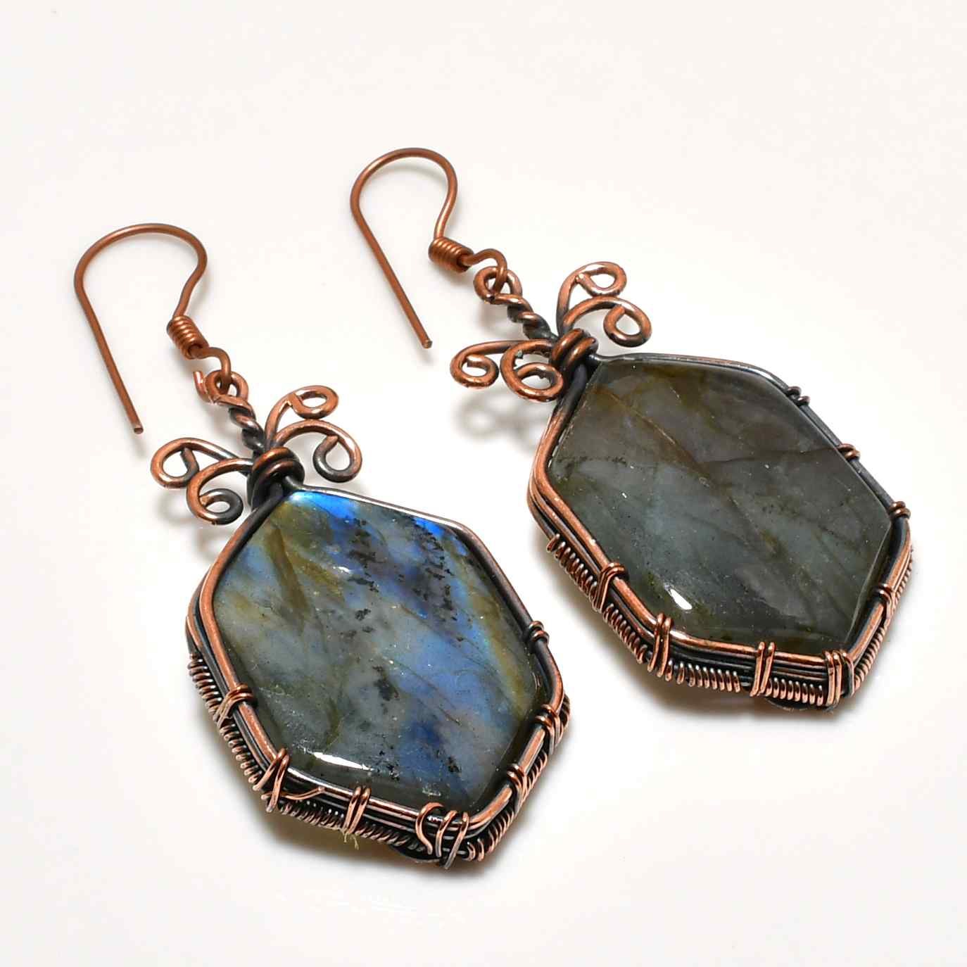 Aurora’s Veil – Copper-Wrapped Labradorite Earrings