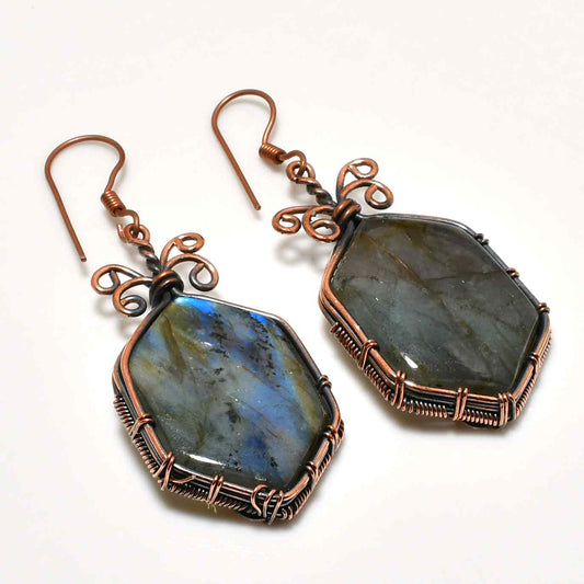 Aurora’s Veil – Copper-Wrapped Labradorite Earrings