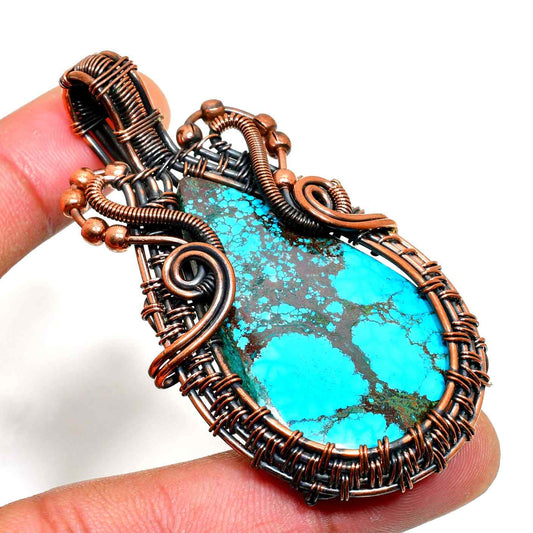 Celestial Waters – Turquoise & Copper Wire-Wrapped Pendant