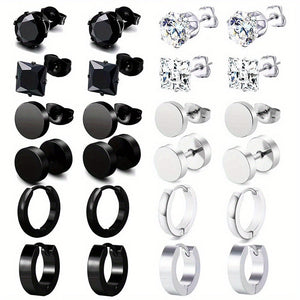 Silver Stainless Steel Ear Studs 12-Pair Set