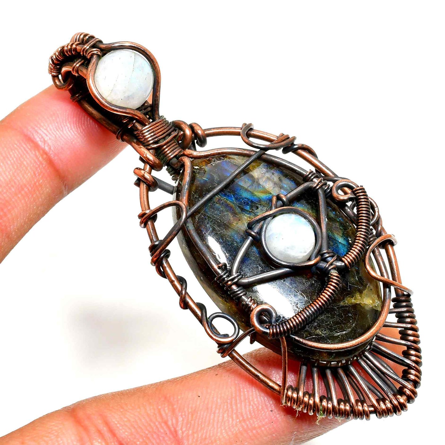Lunar Labyrinth – Labradorite & Moonstone Copper Pendant